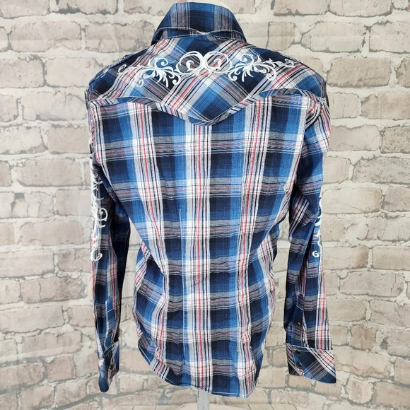 Panhandle Slim Plaid Pearl Snap Shirt Embroidered Blue Red Size Medium - Picture 13 of 16